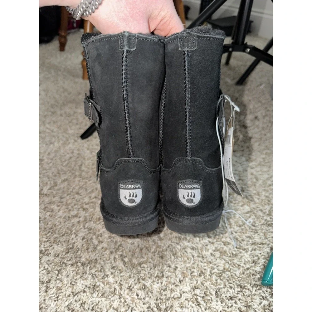 BearPaw‎ Valerie Cow Suede Faux Leather Lined Mid Calf Boots Black Womens 7 NWT